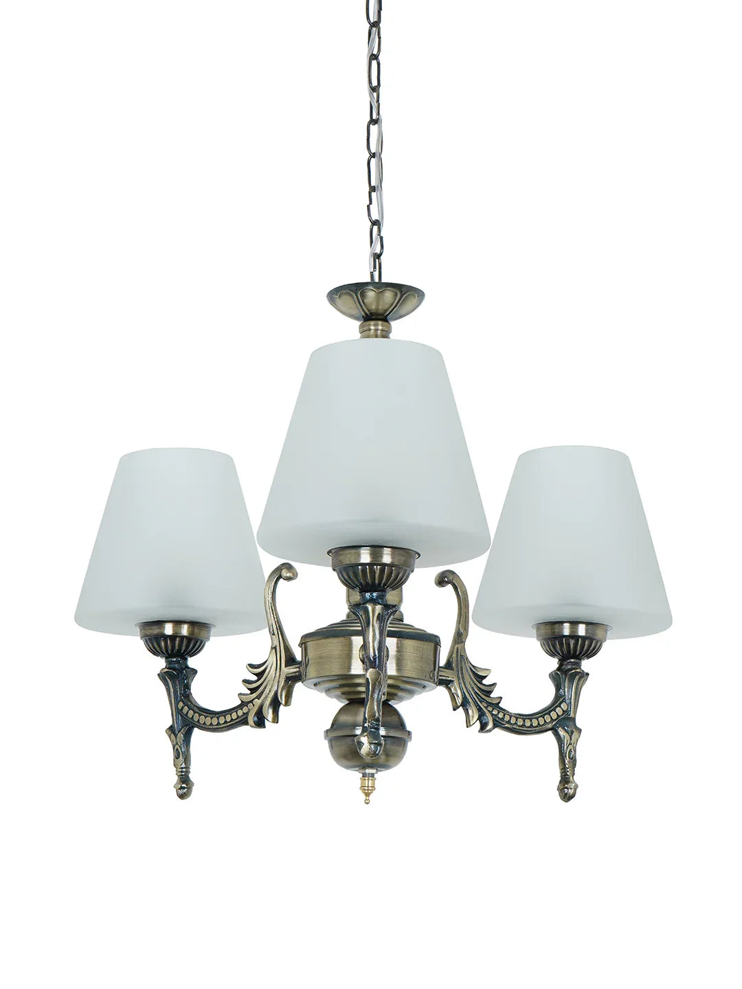 Antique Brass 17 Inch Wide Steel 3-Light Mini Ceiling Chandelier Hanging Light With Tapered Frosted Glass Shades