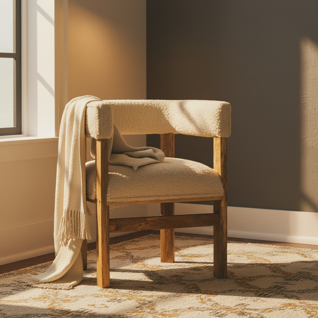 Cream Boucle Solid Wood Chair