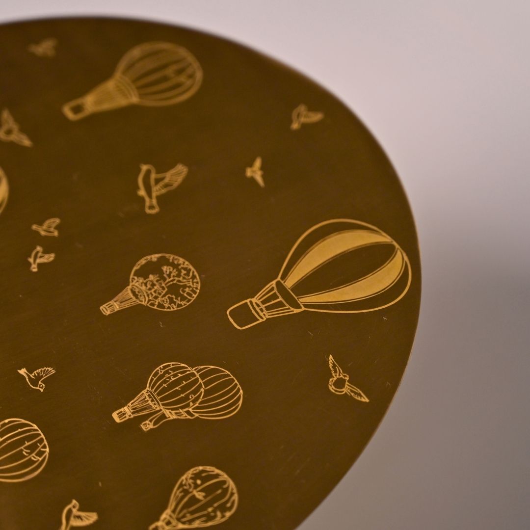 Pure Brass Cake Stand – Laser-Etched Hot Air Balloon Design | Luxury Dessert Stand for Parties, Weddings & Festive Serving