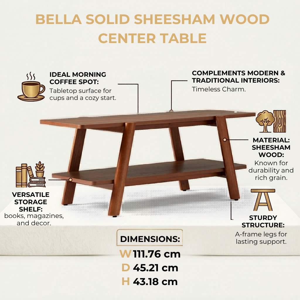 Bella Solid Sheesham Wood Tea Table | Center Table for Living Room