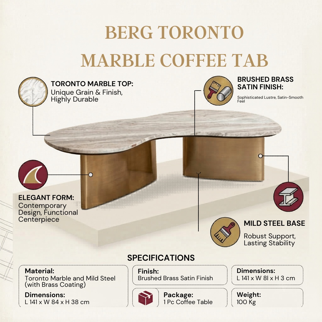 Berg Toronto Marble Coffee Table | Marble Top Centre Table For Living Room | Sofa Table