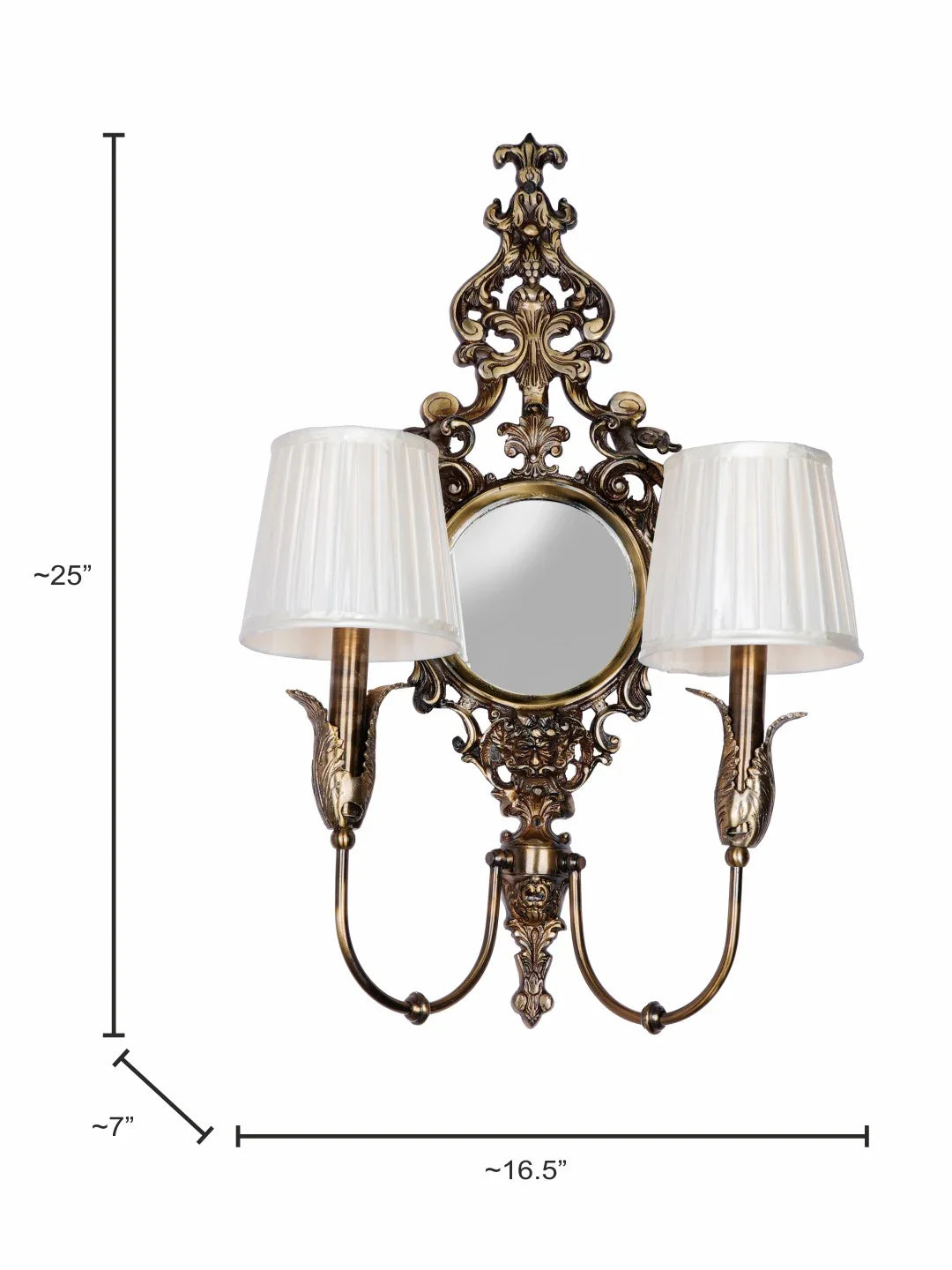 Vintage Elegance Meets Luxury - Antique Brass Wall Lamp with Mirror and Pleated Chiffon Shades