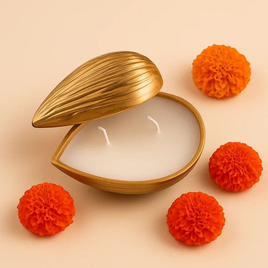 Premium Golden Almond-Shaped Candle with Lid | Pre-Filled Aroma Wax | Decorative Metal Container