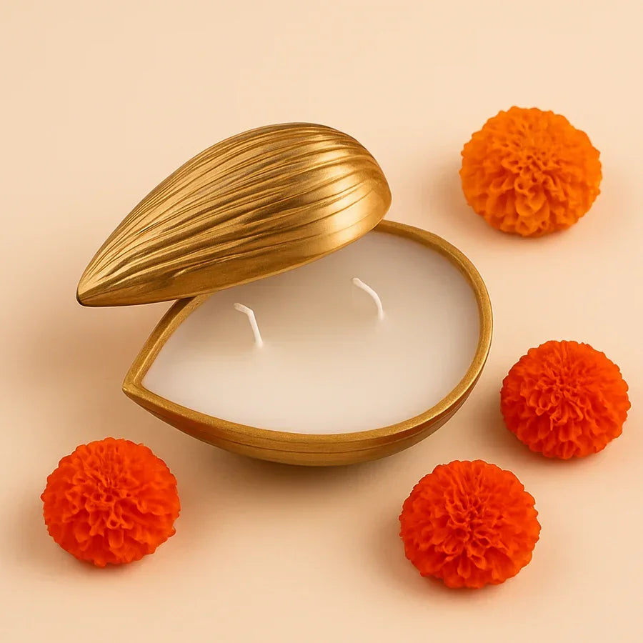 Premium Golden Almond-Shaped Candle with Lid | Pre-Filled Aroma Wax | Decorative Metal Container