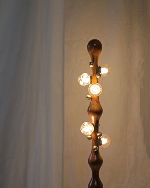 Designer Stem Floor Lamp | Teak Wood & Brass Floor Lamps for Living Room | Wooden Standing Lamp
