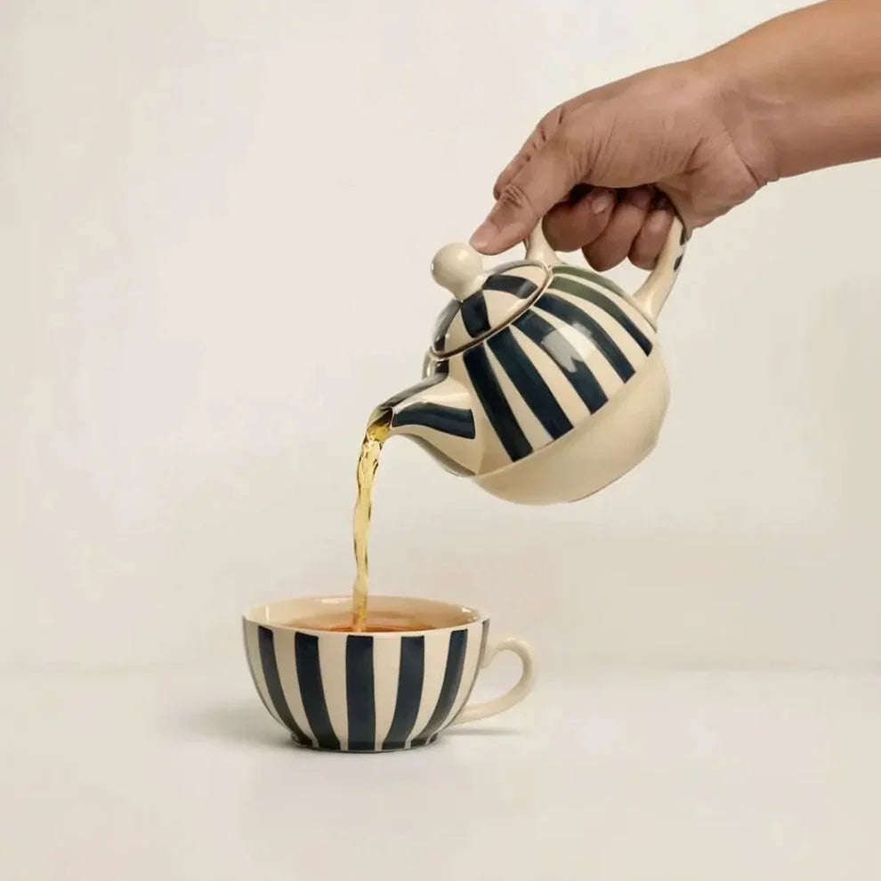 Handmade Ceramic Striped Tea Pot and Cup Set | Stoneware for Tea Lovers