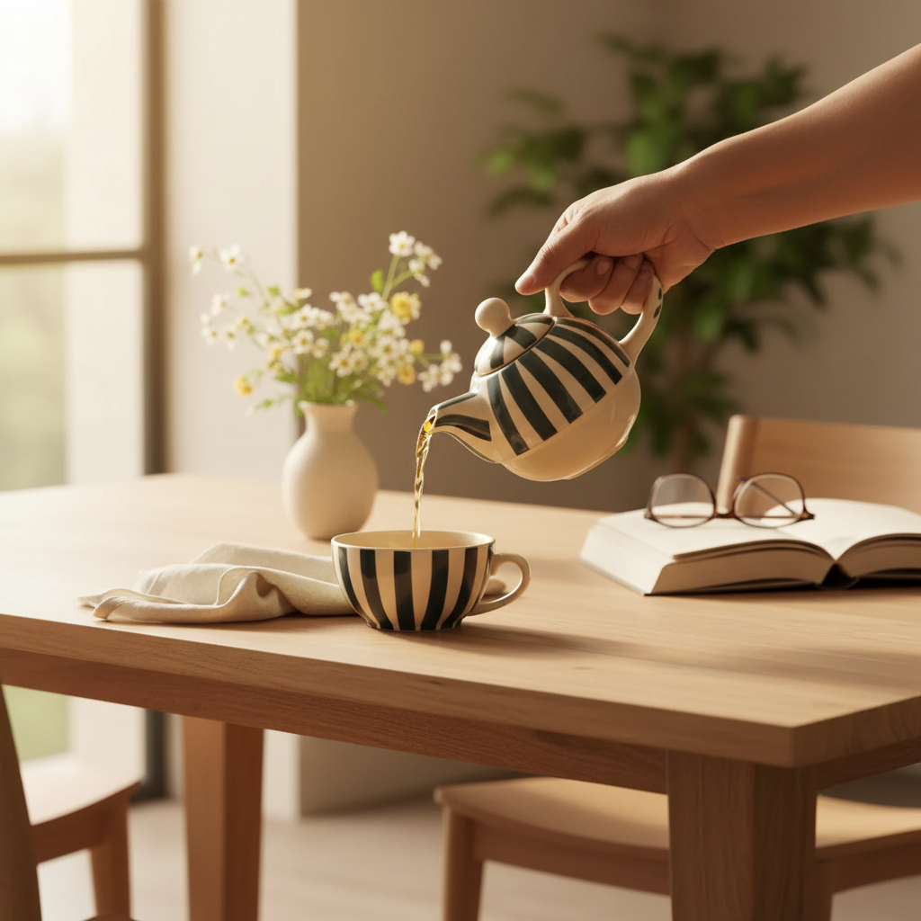 Handmade Ceramic Striped Tea Pot and Cup Set | Stoneware for Tea Lovers