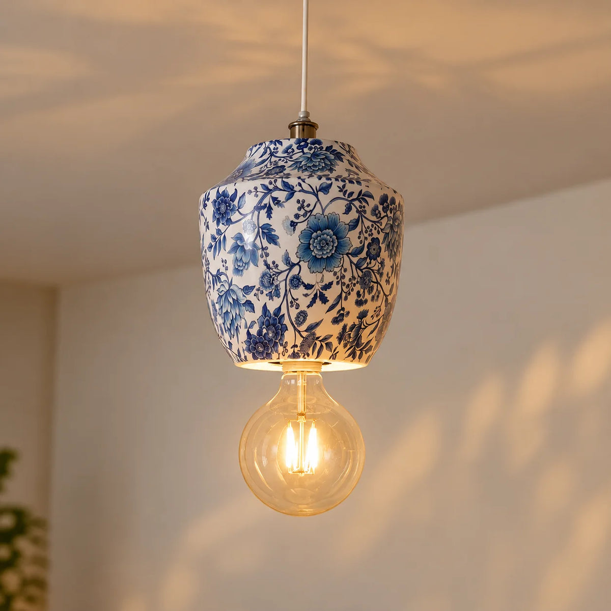 Chinoiserie Pendant Light, Blue White   Floral Print, Metal Jar Shaped, Traditional Hanging Lamp,