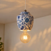 Chinoiserie Pendant Light, Blue White   Floral Print, Metal Jar Shaped, Traditional Hanging Lamp,