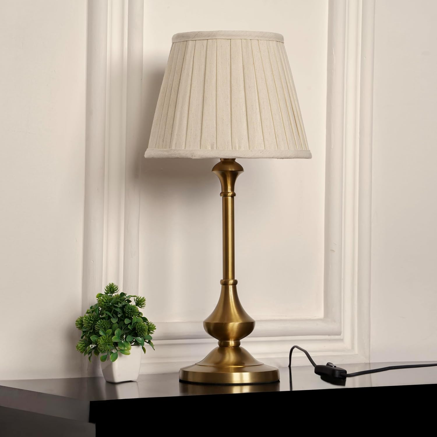 Brass Antique Gold Finish Table Lamp 22 Inches Height with Off White Pleated 10 Inches Diameter Lampshade