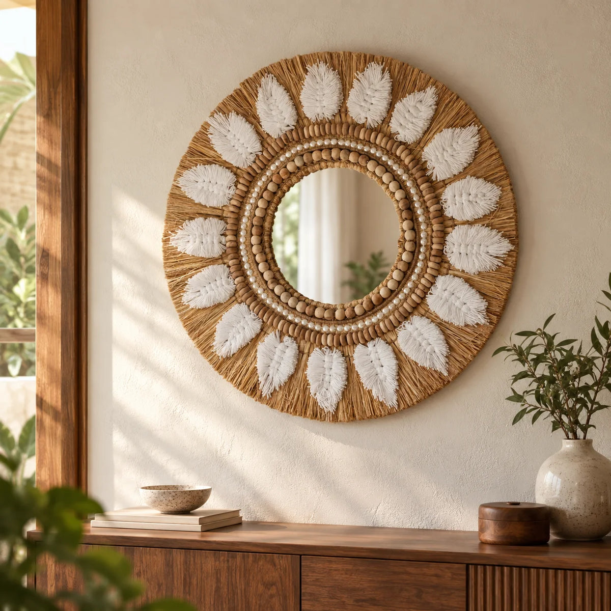 Meadow Embellished Moonjh Grass Decorative Mirror | Rustic Boho Mirror