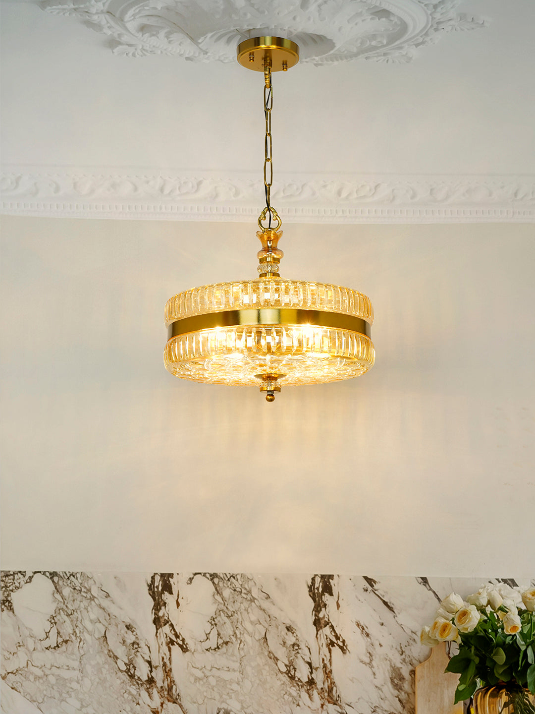 16-Inch Gold Round Hand-Cut Glass Hanging
  Light | Transitional 4-Light Brass Pendant with Golden Luster Finish