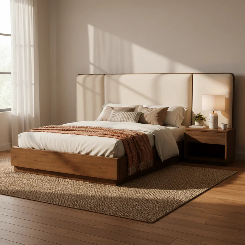 Vantara Solid Ash Wood And Fabric Upholstered King Size Bed