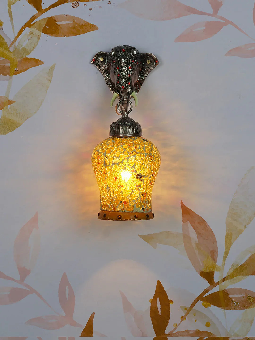 Rustic Cast Aluminium Bronze Elephant Wall Sconce with Amber Yellow Crackle Glass shade