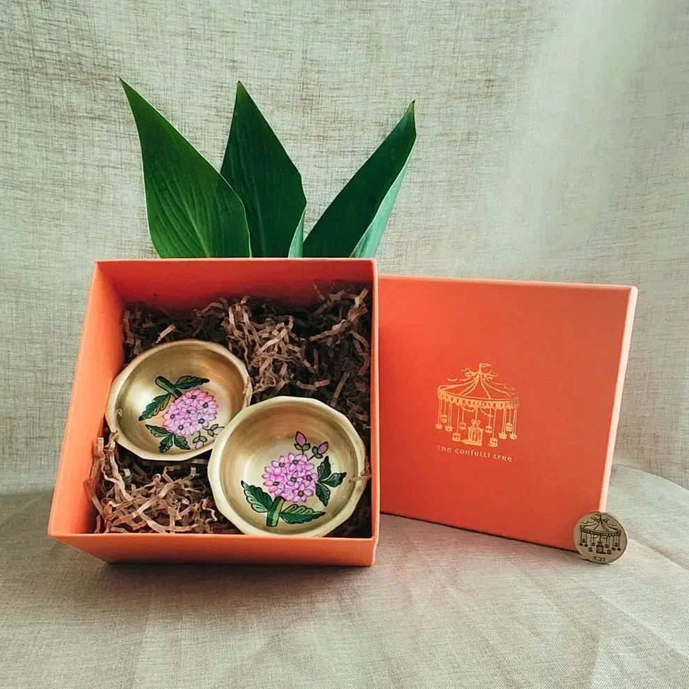 Handpainted Brass Nut Bowls | Artisan Brass Snack Bowls for Festive Gift Box & Home Decor- 2 Pc