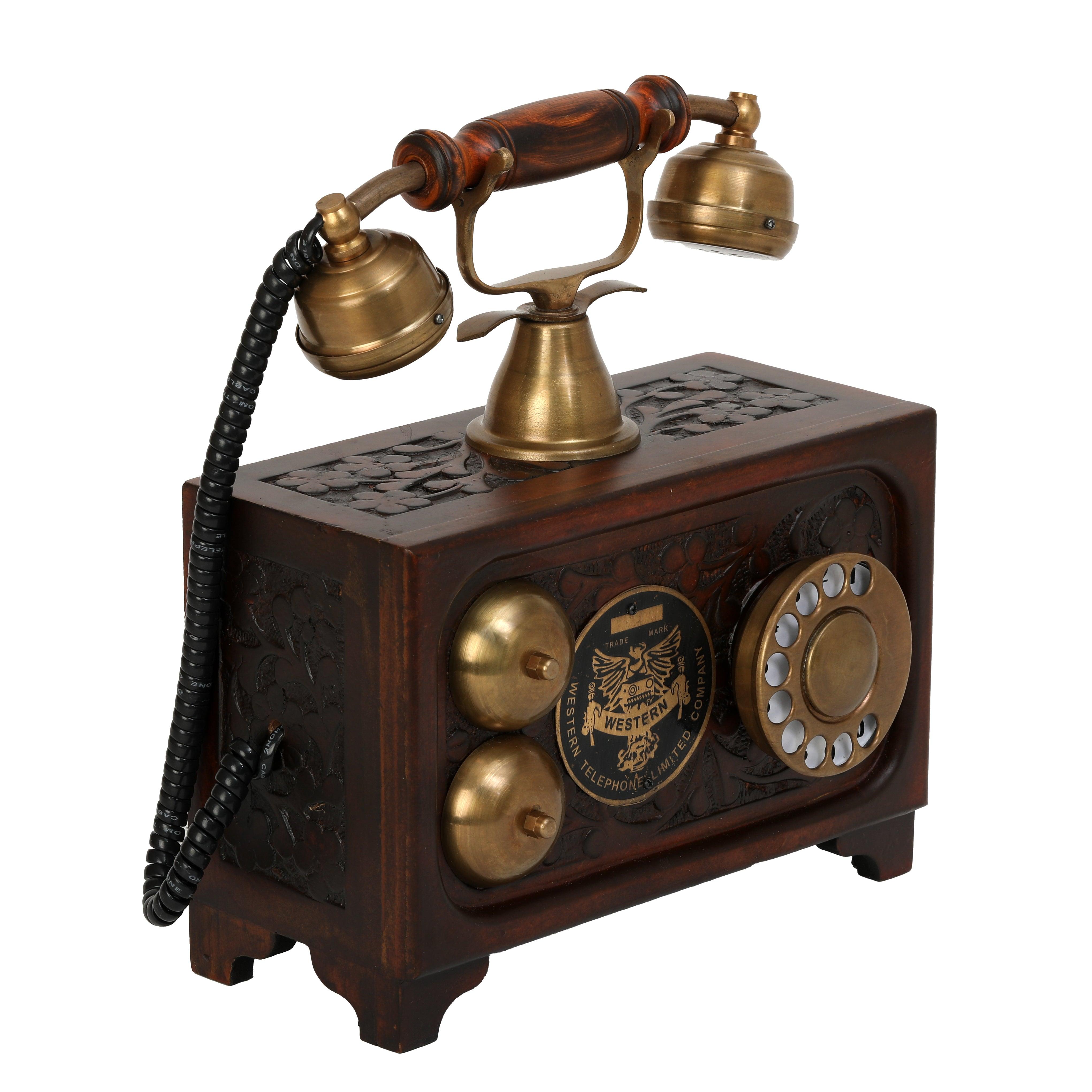 Decorative Non-Functional Antique Telephone - Brass and Wood Replica - Antique Finish