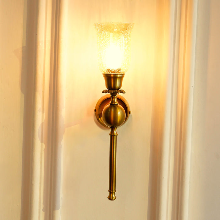 Brass Antique Finish Ball Wall Lamp with Chimney Crackled Glass Golden Luster Shade