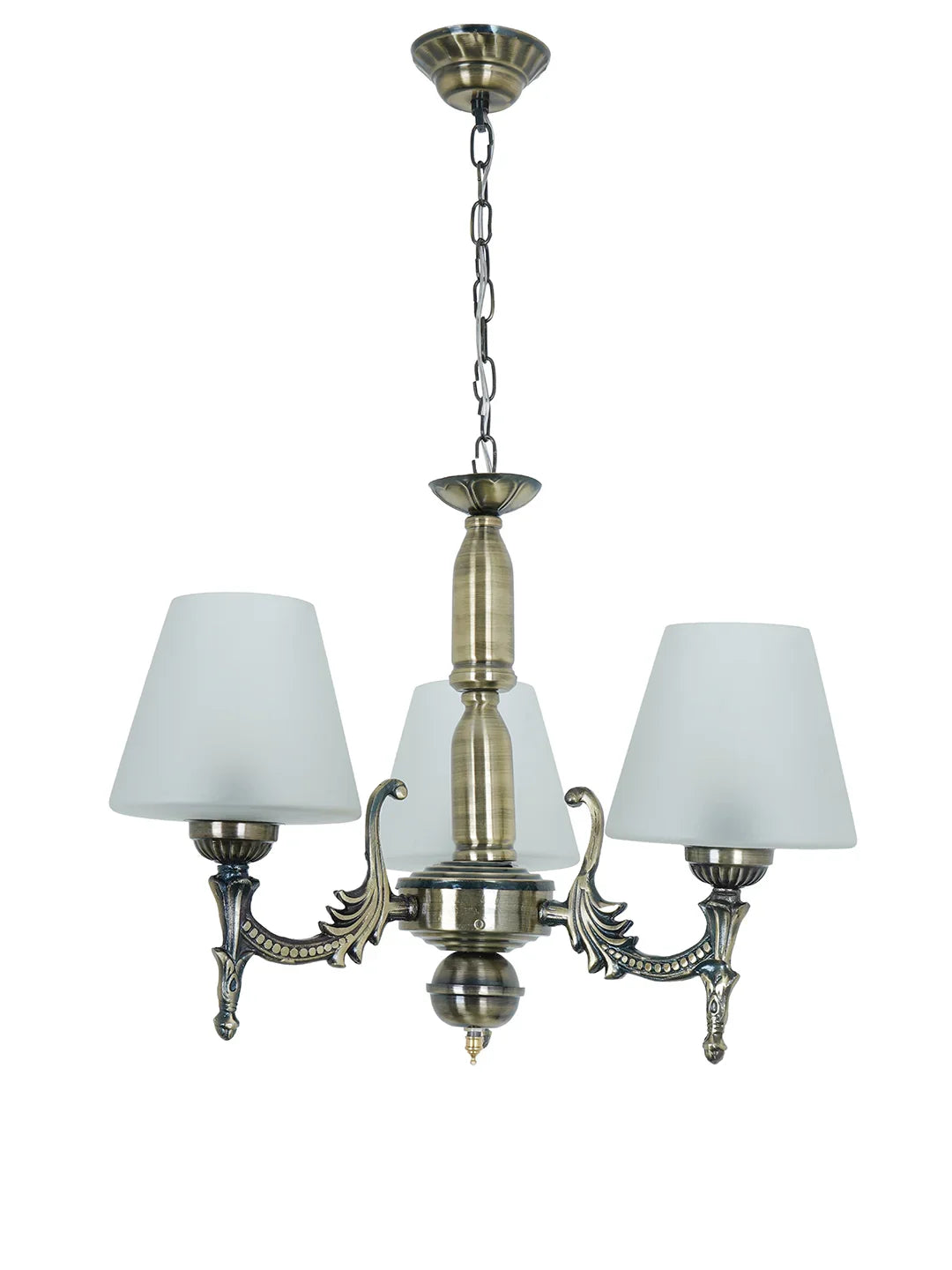 Antique Brass 17 Inch Wide Steel 3-Light Mini Ceiling Chandelier Hanging Light With Tapered Frosted Glass Shades