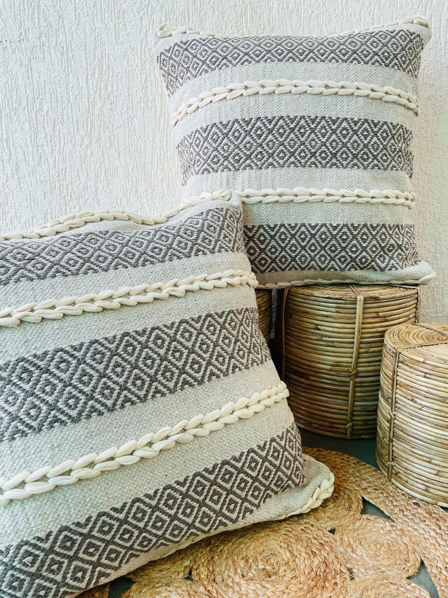 Bohemian Natural Cotton Cushion Covers - Grey and White
