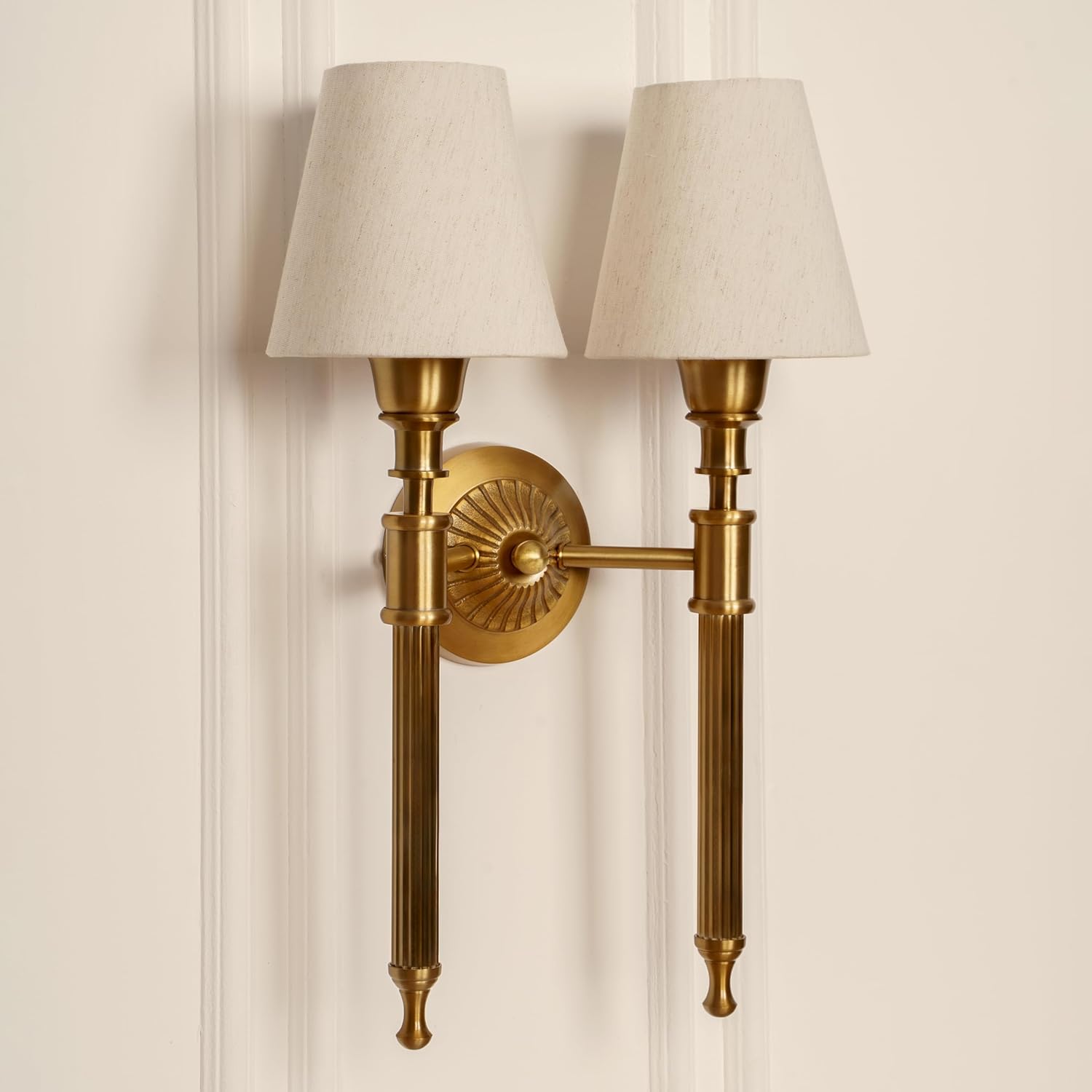 Double Corrugated Wall Lamp Antique Brass Finish with Off White Shade for Living Room, Bedroom, Home Decoration Wall Light