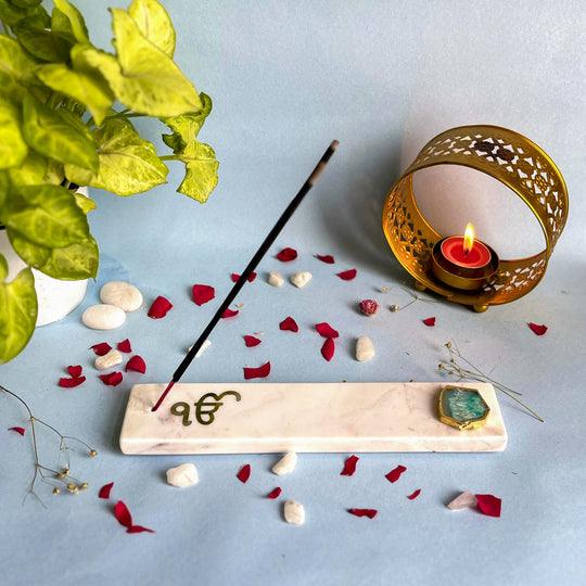 Marble with Agate Ik Onkar Agarbatti Stand | Incense Holder