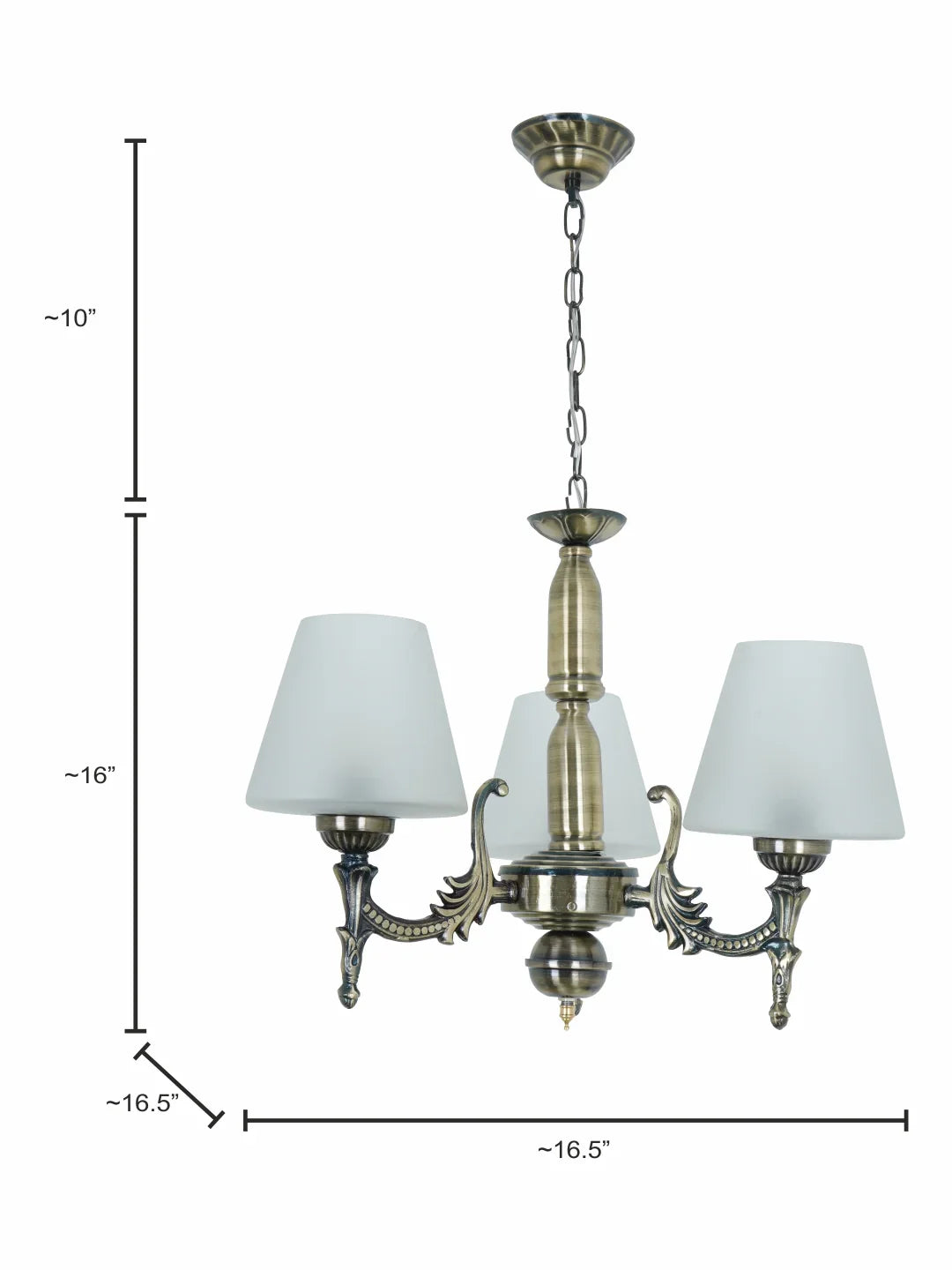 Antique Brass 17 Inch Wide Steel 3-Light Mini Ceiling Chandelier Hanging Light With Tapered Frosted Glass Shades