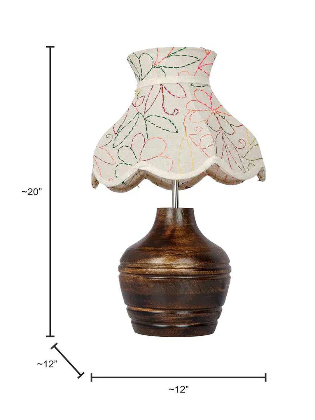 Ethnic Brown Wood Pot Table Lamp with Embroidered Scalloped Shade