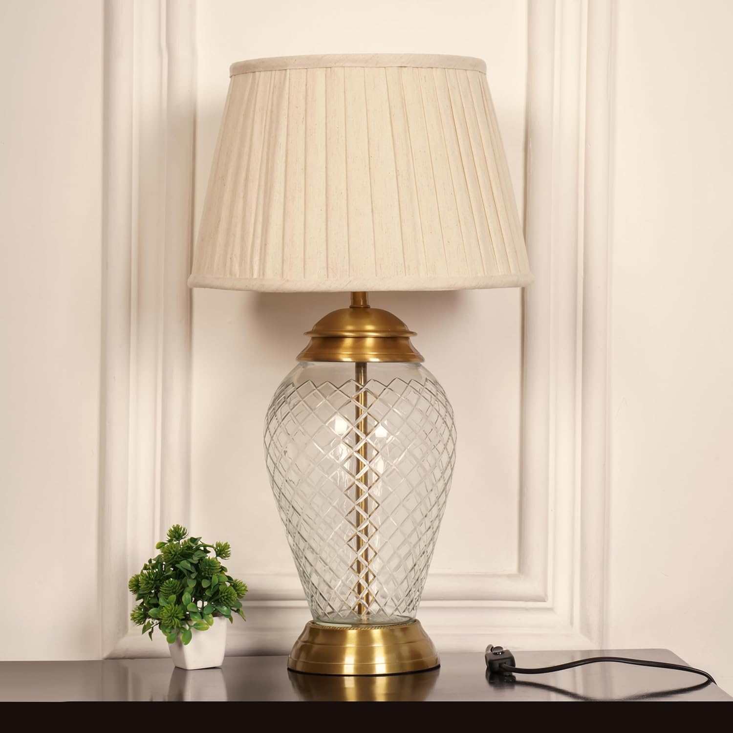 Royal Pure Brass Antique Finish And Diamond Cut Glass Table Lamp 23 Inches Height With Off White Pleated 14 Inches Diameter Lampshade