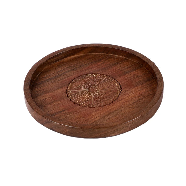 Chakhra Wooden & Brass Pooja Thaali | Decorative Round Plate For Table & Home Decor