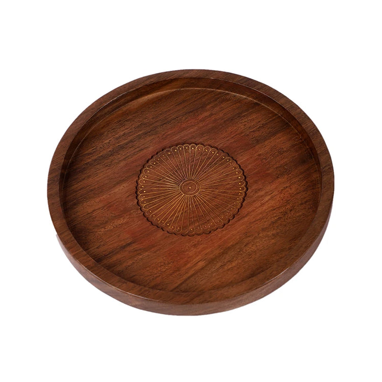 Chakhra Wooden & Brass Pooja Thaali | Decorative Round Plate For Table & Home Decor
