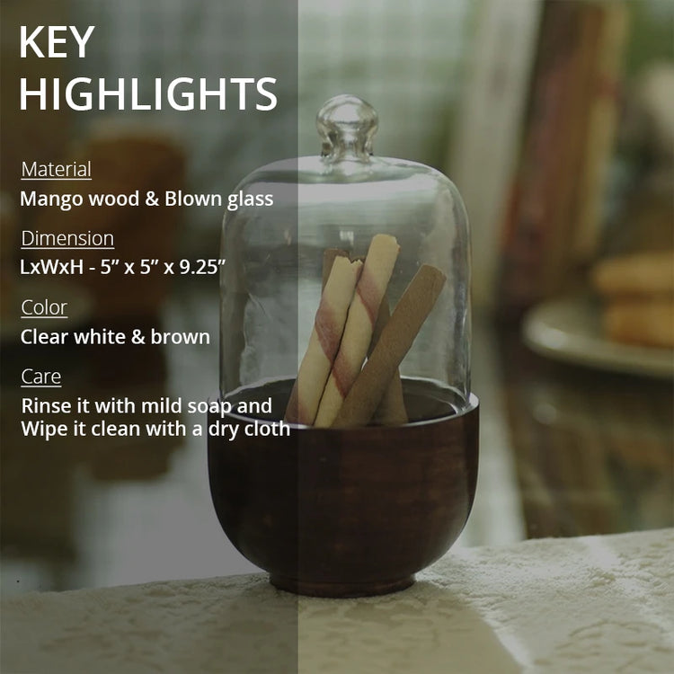 Corjuem Wooden & Glass Lid Cloche | Serving Stand For Chocolates & Table Decor