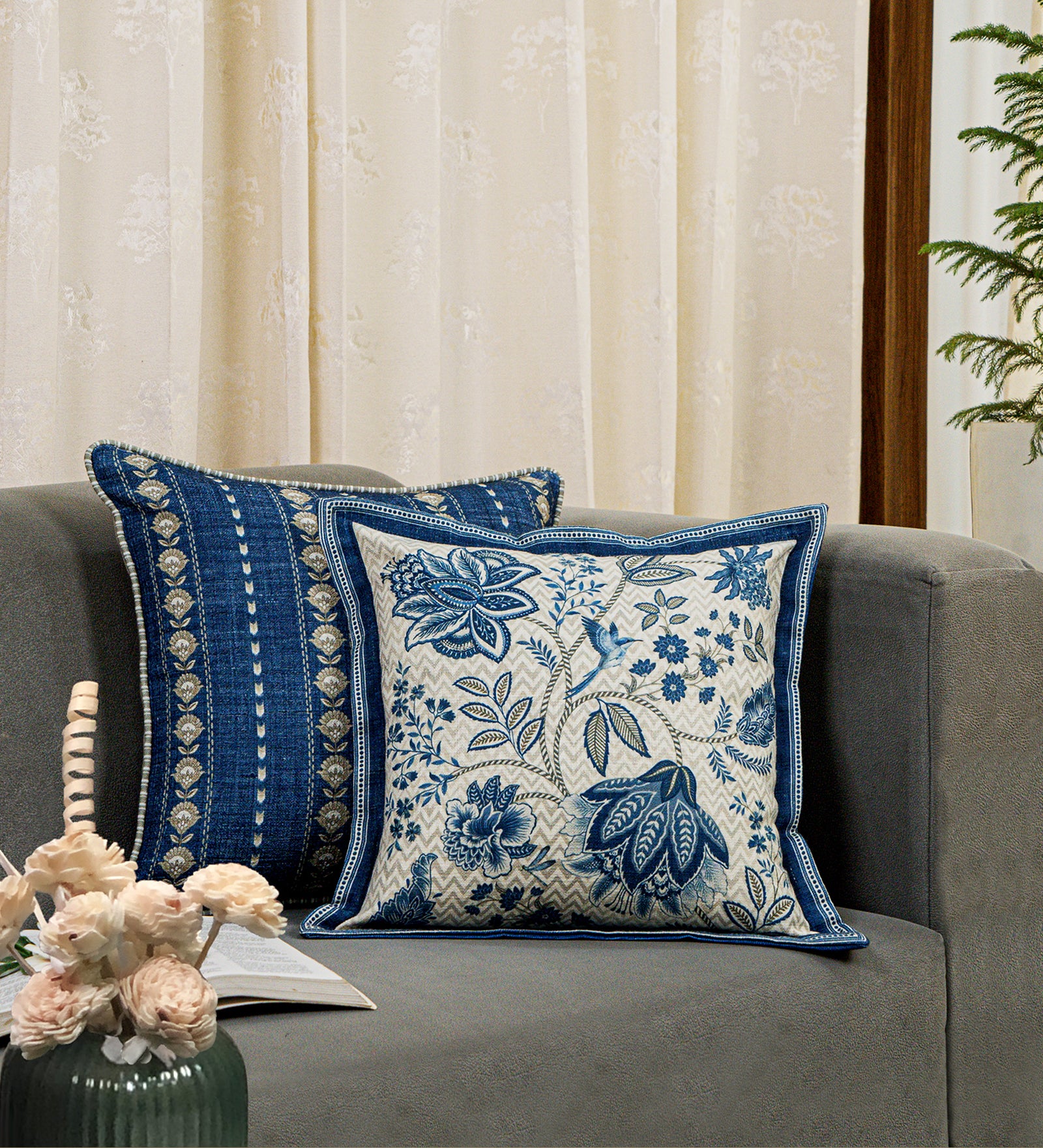 Jacobean Garden Cushion Cover - Blue , 16x16