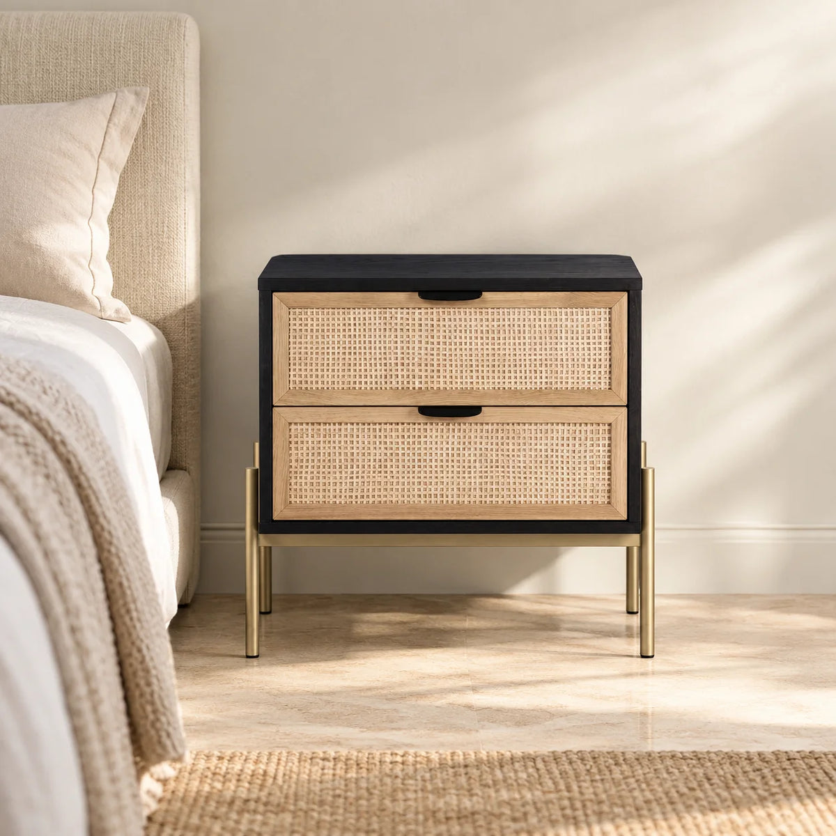 Rattan Bedside Table | Bedside Table with Drawer | Wooden Side Table for Living Room