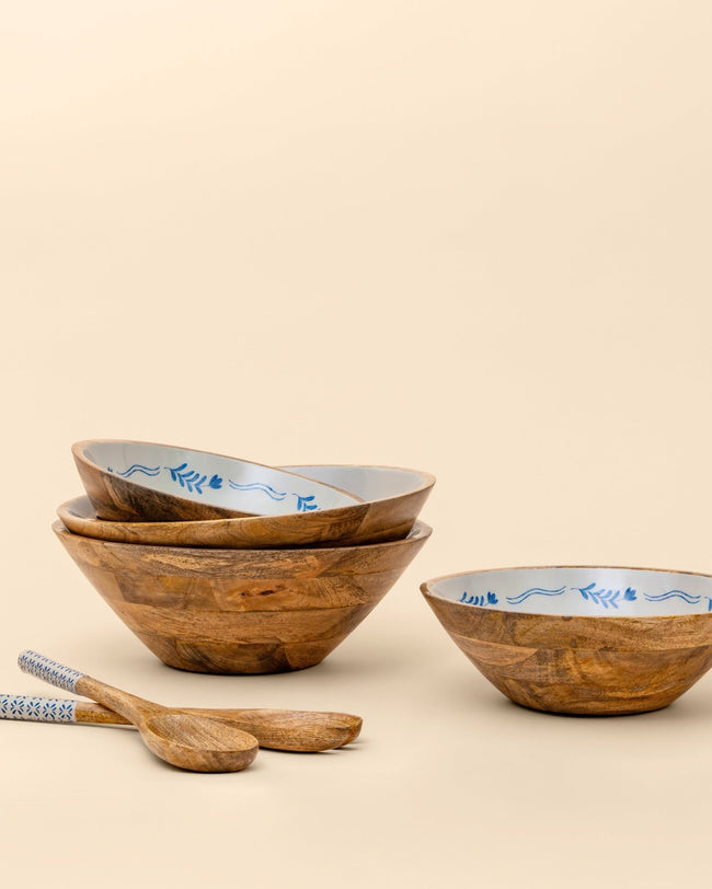 Frosted Wooden Salad Bowl - 10 + Servers