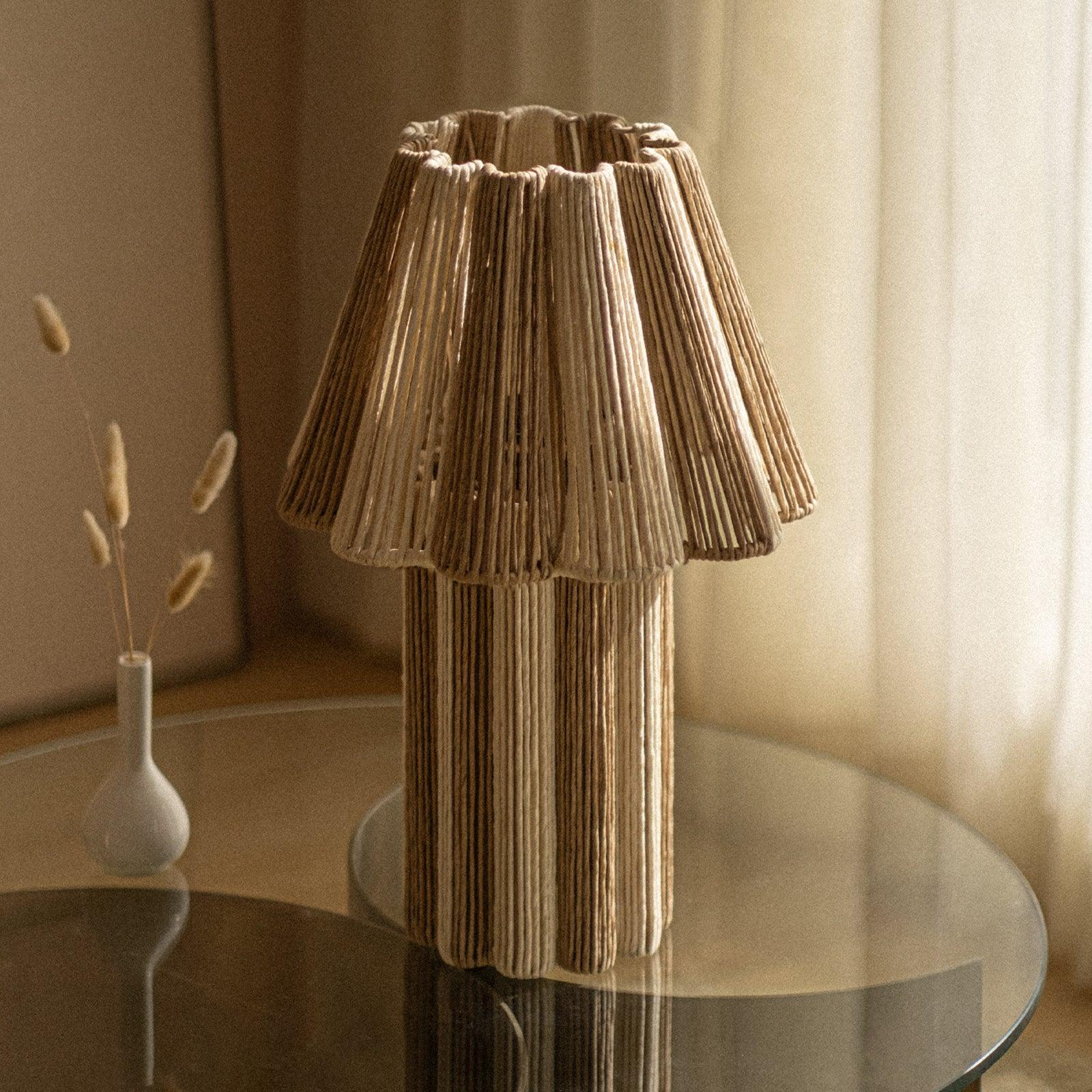 Kenji Table Lamp | White Conical Metal & Rafia Designer Table Lamp for Living Room