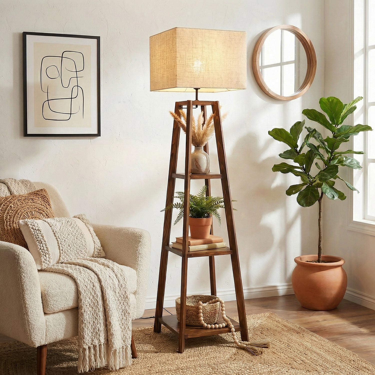 Charlotte Wooden Floor Lamp with Brown Base and Jute Fabric Lampshade