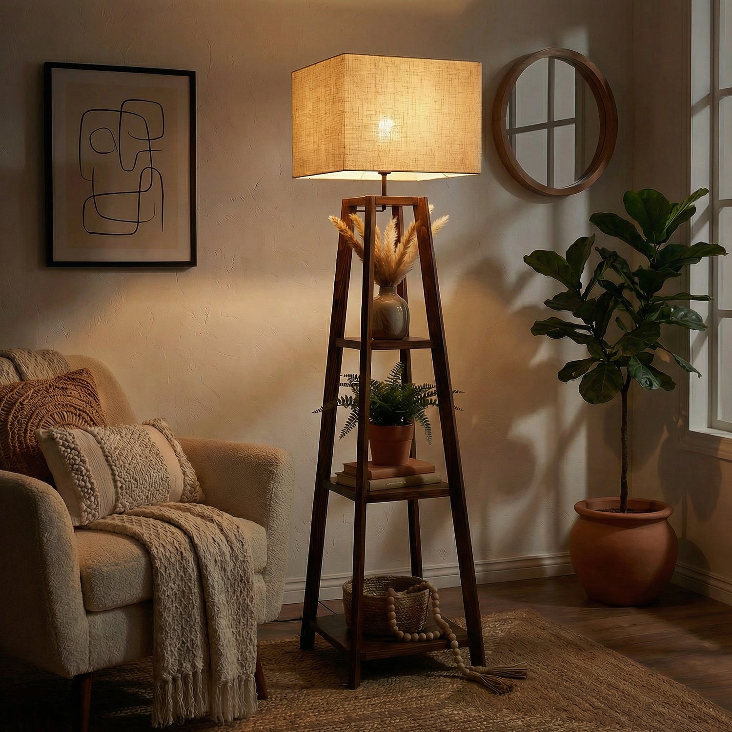 Charlotte Wooden Floor Lamp with Brown Base and Jute Fabric Lampshade