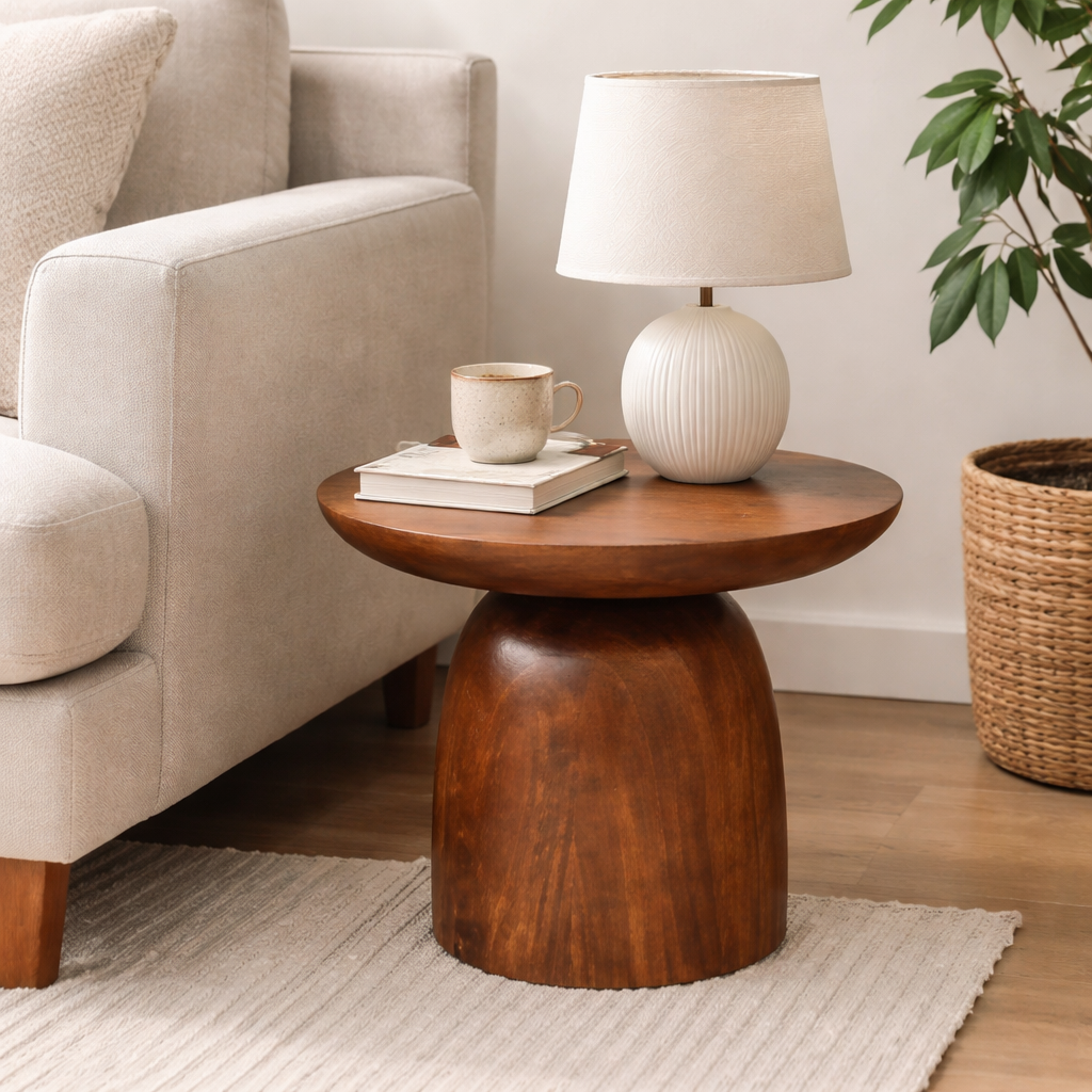 Chestnut Solid Mango Wood Side Table for Living Room & Bedroom | Rounded Wooden End Table