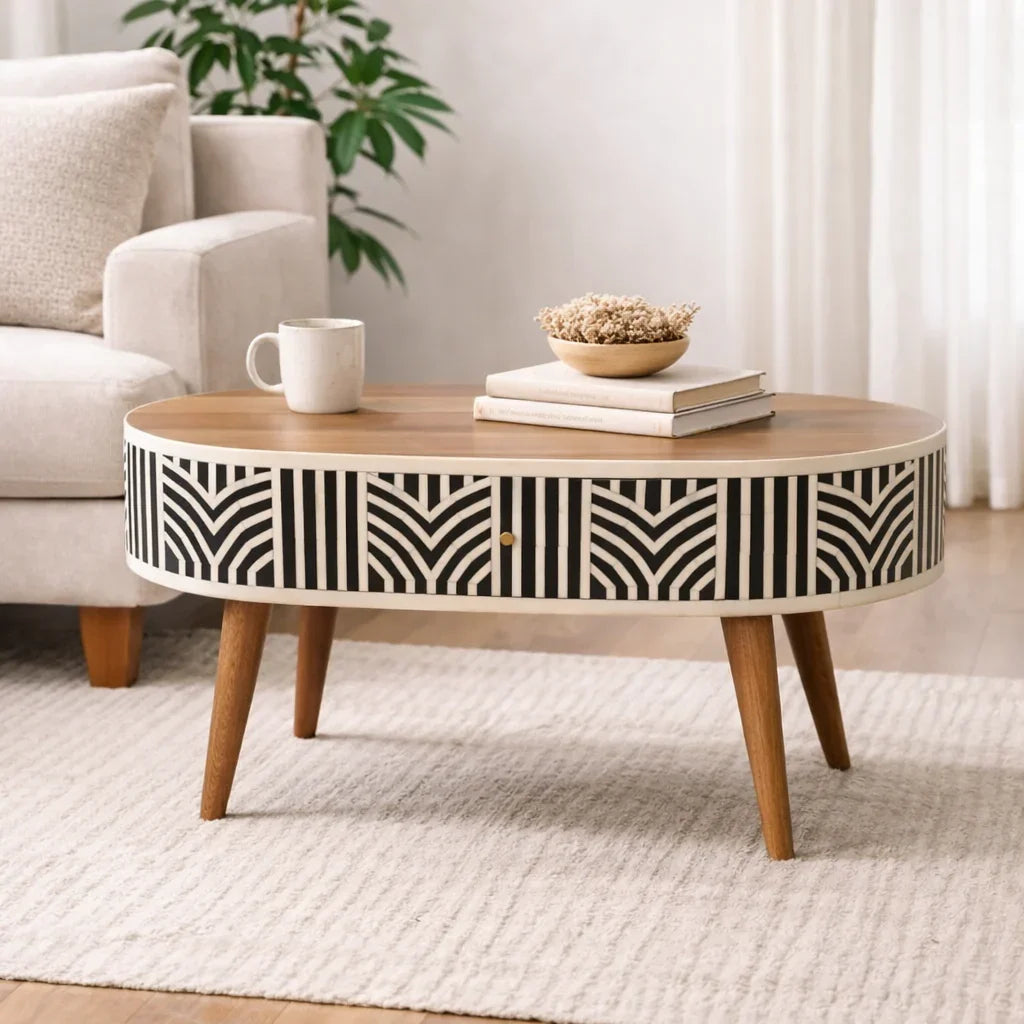 Boho Bone Inlay Console Table | Solid Mango Wood Entryway Table with Drawer
