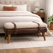 Boucle & Mahogany Leather Bench | Wooden Bench with Nordic Legs | Mango Wood Sitting Bench