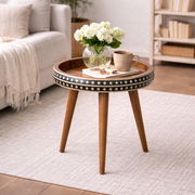 Nordic Mango Wood End Table with Bone Inlay | Solid Wood Tripod Side Table