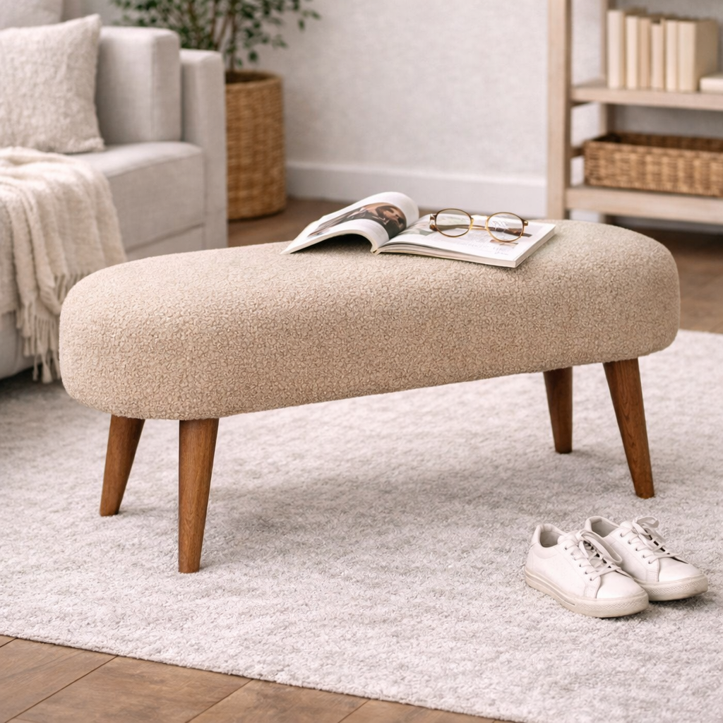 Boucle Bench with Solid Mango Wood Legs | Nordic Hallway & Entryway Bench