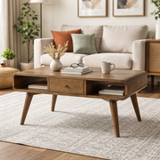 Modern Solid Mango Wood Coffee Table with Drawers & Open Shelves | Nordic Style Center Table