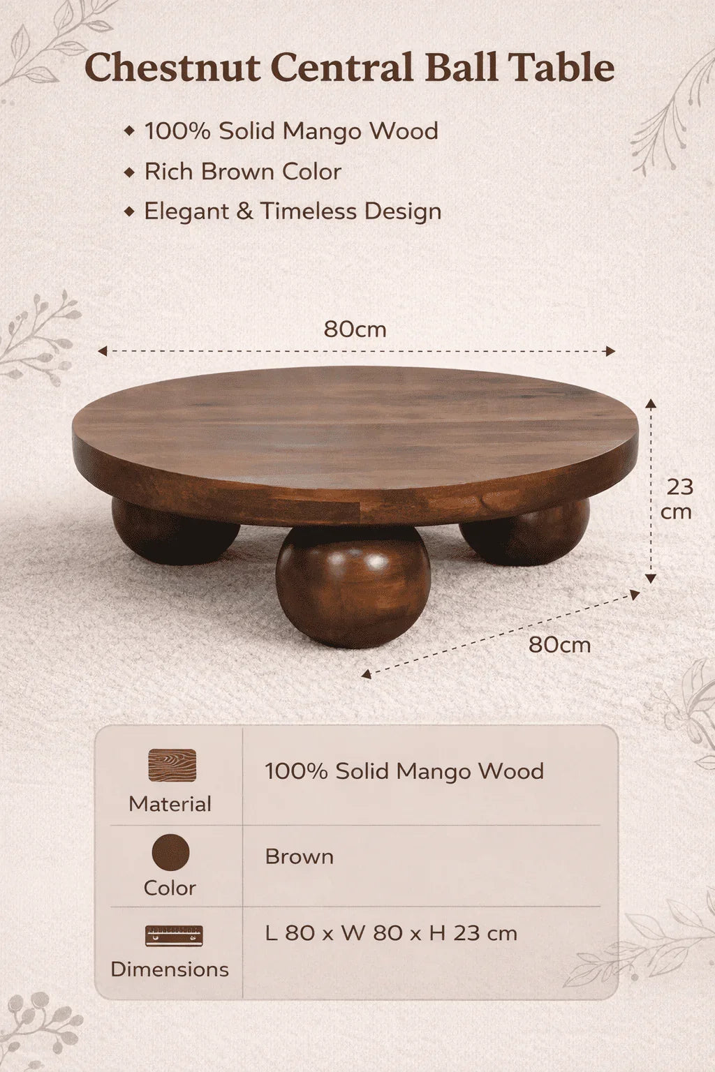 Chestnut Ball Center Table for Living Room | Solid Mango Wood Coffee Table with Sculpted Ball Feet