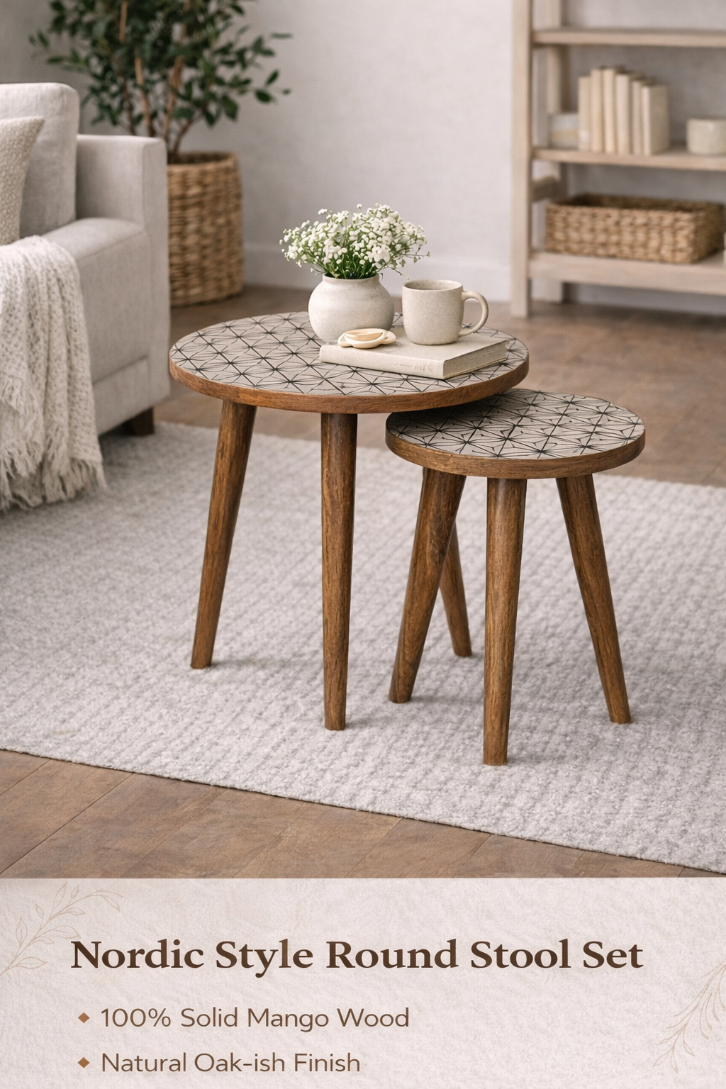 Set of 2 Nordic Solid Mango Wood Nesting Stools | Round Wooden Stools & Side Tables for Small Spaces