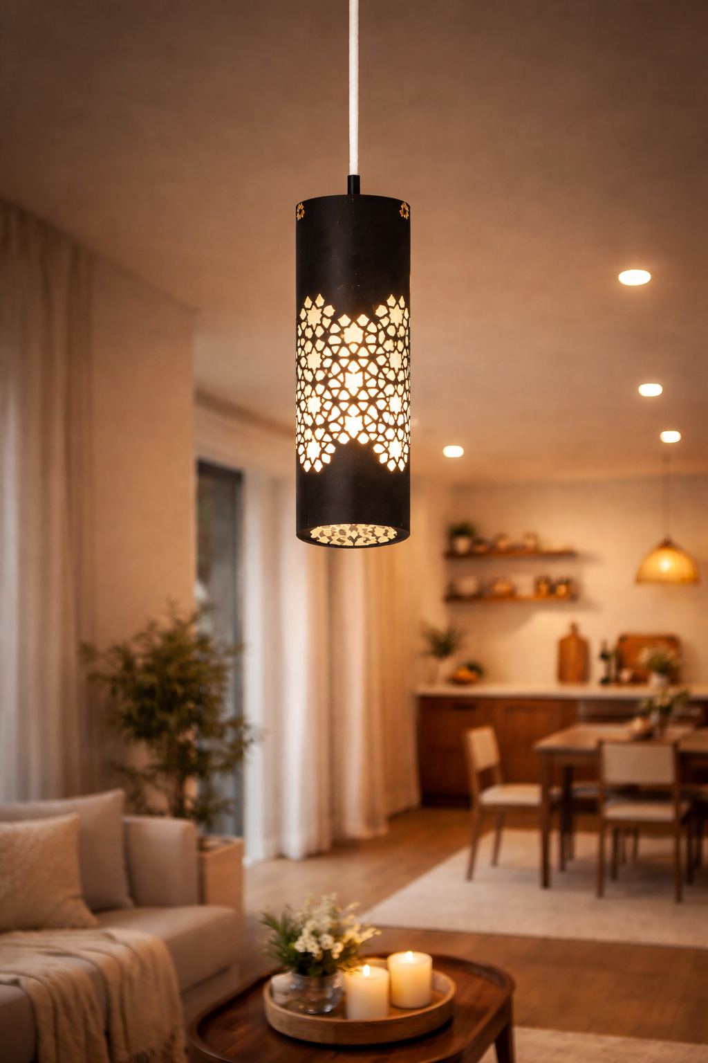 Mughal Jaal Etched Brass Pendant Lamp | Handcrafted Geometric Hanging Light Lamp For Living Room