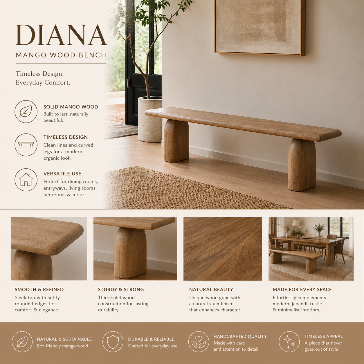 Diana Mango Wood Bench | Solid Wooden Dining Bench for Living Room & Entryway Seating