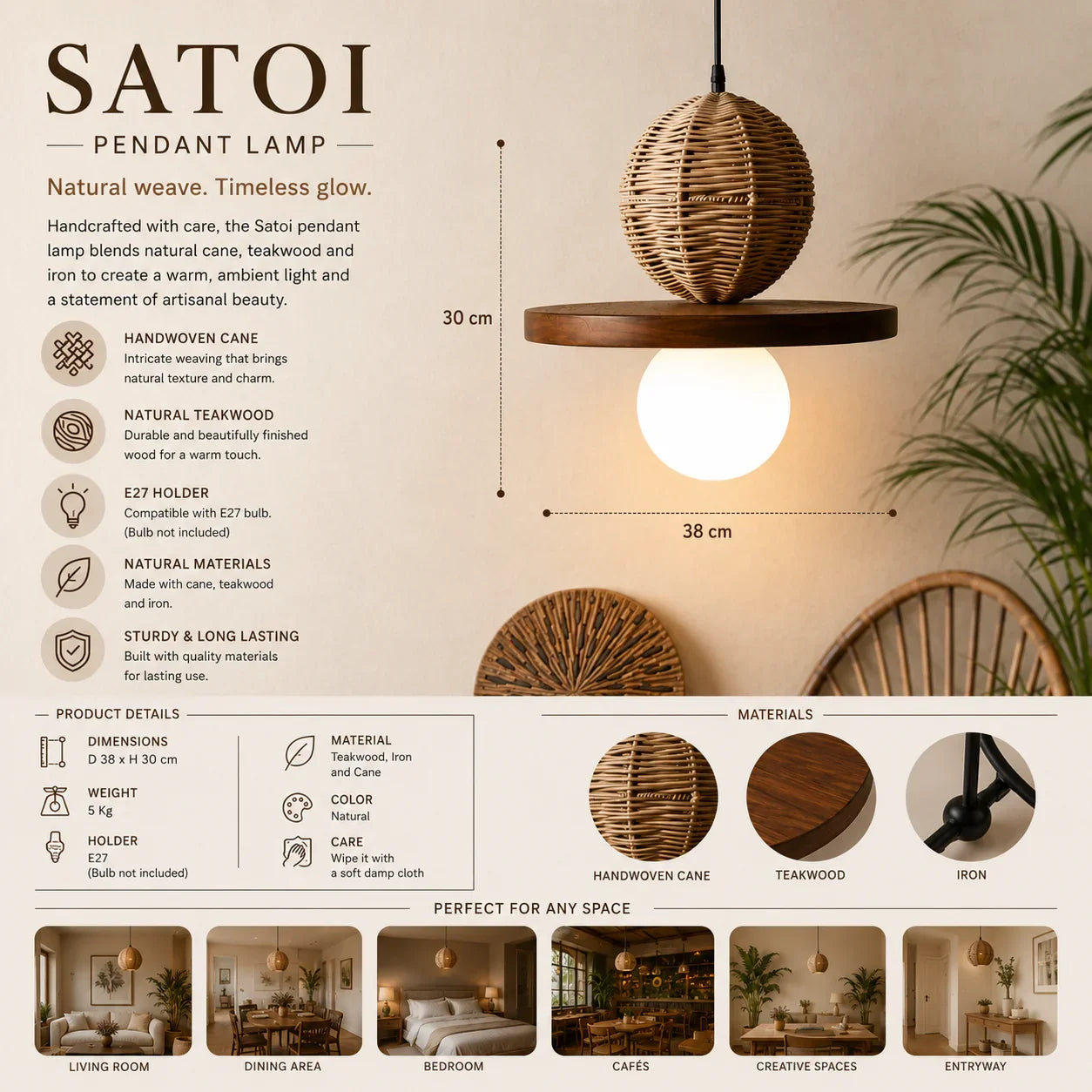 Satoi Teak Cane Pendant Lamp | Hanging Lights Lamp | Rattan Hanging lamp for Living Room
