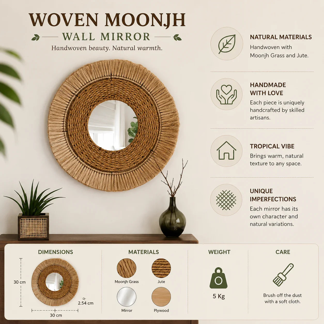 Boheme Jute Moonjh Grass Decorative Wall Mirror | Eco-friendly Boho Mirror
