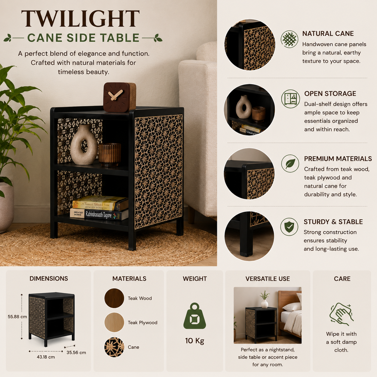 Twilight Black Cane Side Table | Teak Wood Bedside Table Nightstand with Storage & Double Shelf